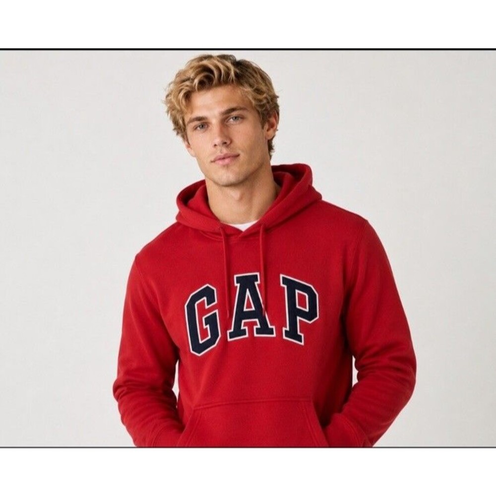 GAP Men's Fleece Pullover Hoodie Drawstring Large Logo Front Pocket Red Large